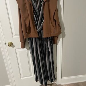 Brown Jacket with Black and White Striped jumpsuit 2x nwt